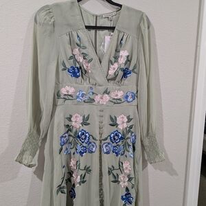 Hope & Ivy Embroidered Long Sleeve Front Button Midi Dress